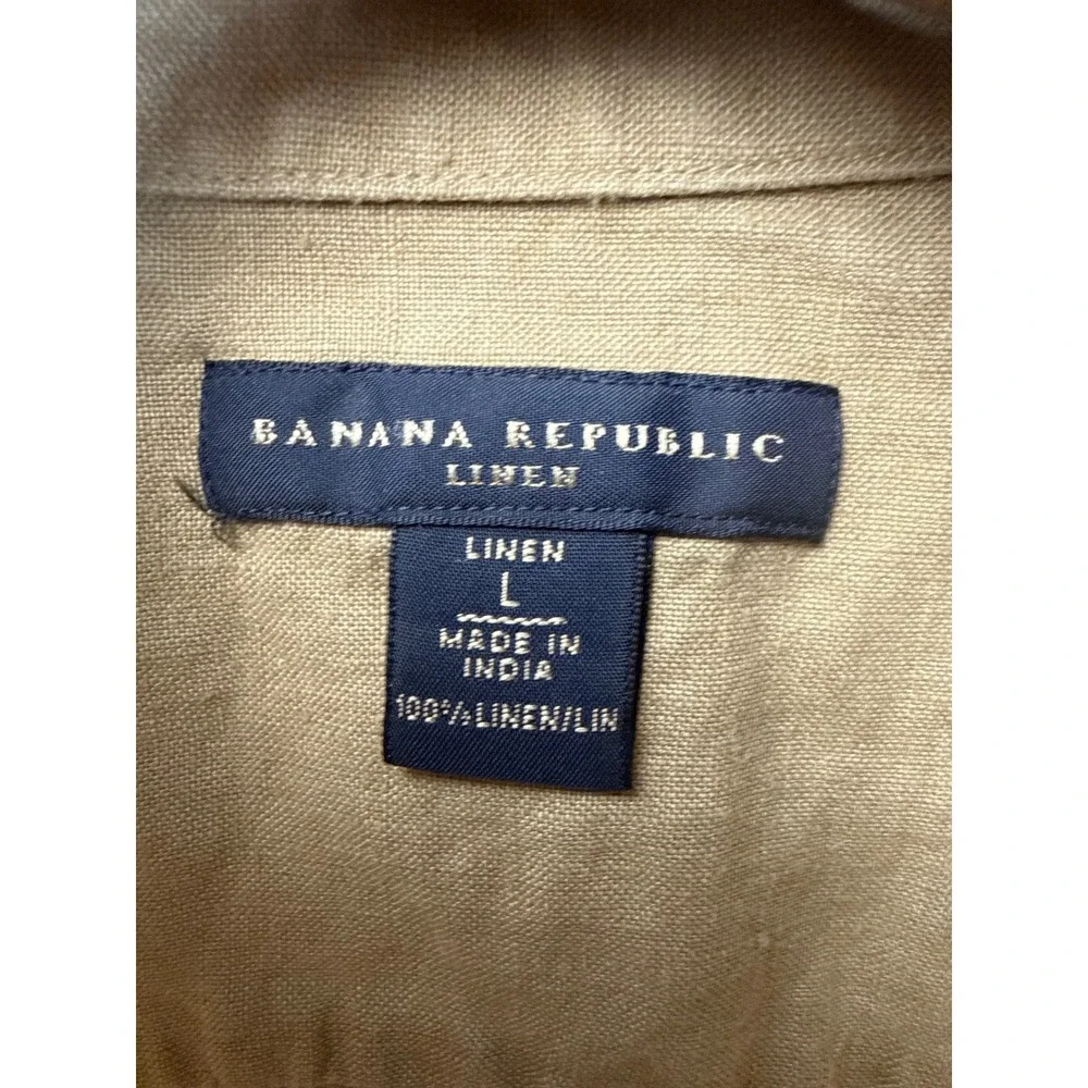 Vintage Banana Republic Linen Shirt Mens L Tan Short Sleeve Safari Pintuck Money